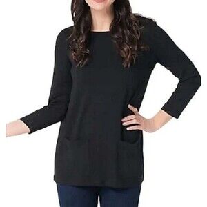 Susan Graver Weekend Jersey Knit Blouse Top w/ Pockets Black Rayon Blend Large
